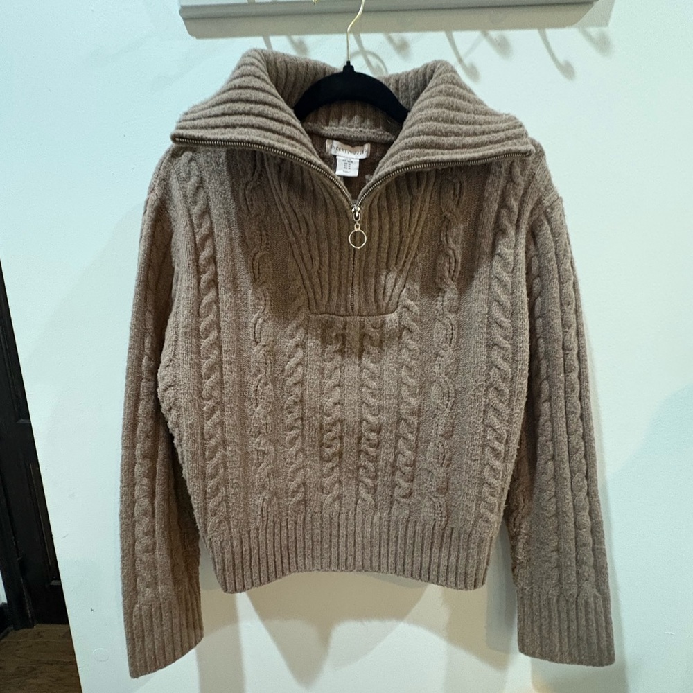 Tan Cowl Neck Cable Knit Sweater